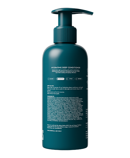 The backside of Fix My Curls' Hydrating Deep Conditioner is presented on a white background