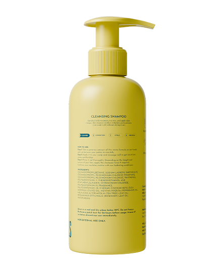 The back side of Cleansing Shampoo with pump on a white background