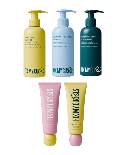 Set of 5 Step Protein Bundle
 including shampoo, conditioner, and leave-in cream with 'Fix My Curls' branding