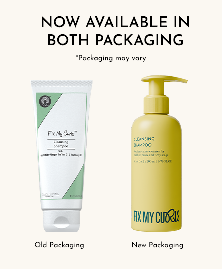 Two Cleansing Shampoo bottles with text indicating new and old packaging variations.