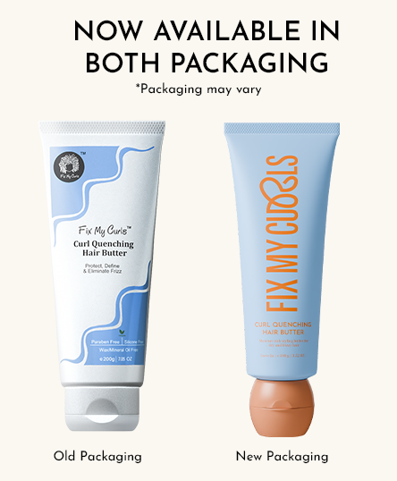 Two tubes of Curl Quenching Hair Butter Tube of Fix My Curls with text indicating old and new packaging options