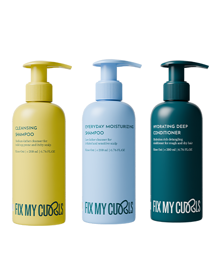 Cleansing shampoo, Everyday moisturizing shampoo and hydrating deep conditioner are highlighted in the image