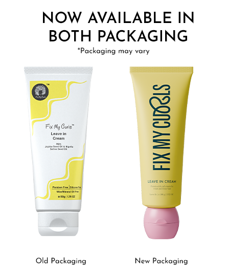Two tubes of Fix My Curls leave-in cream with text indicating old and new packaging options