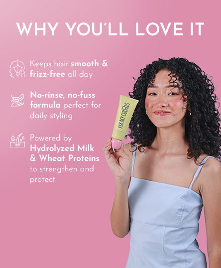 Woman holding Leave in Cream tube with text on reasons to love this product