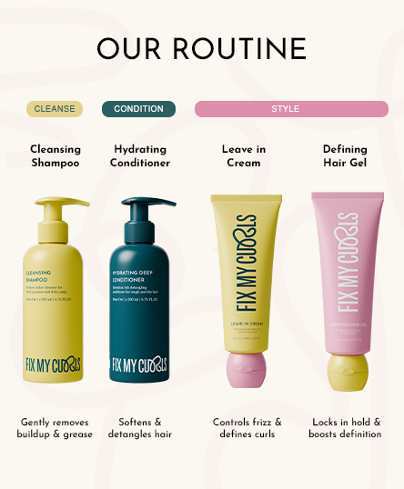 Fix My Curls' Hair care products lineup with labels for cleanse, condition, and style on a white background