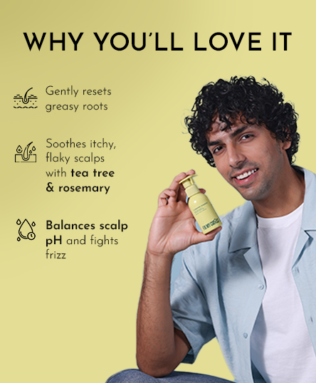 Man holding Cleansing Shampoo with text on reasons to love this product