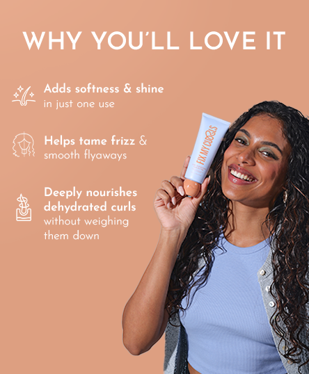 Woman holding Curl Quenching Hair Butter with reasons to love this product