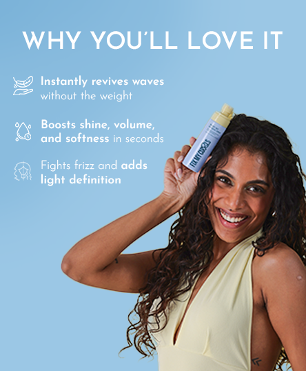 Woman holding a hair product with text on reasons to use Ready, Set, Refresh Spray.