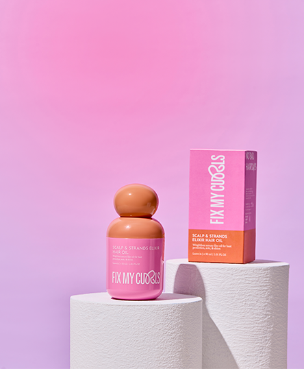 Scalp & Strands Elixir Hair Oil of Fix My Curls on a pink and purple gradient background