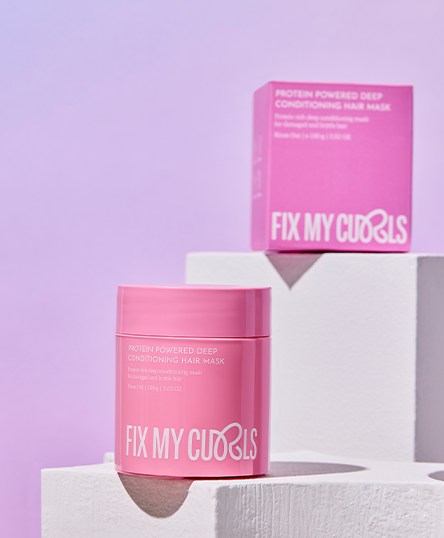Protein Powered Deep Conditioning Hair Mask 'Fix My Curls' branding on a light purple background