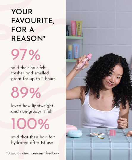 Woman using Fix My Curls' Floral Bouquet with text on customer feedback percentage