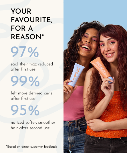 Two women holding Curl Quenching Hair Butter with customer feedback statistics
