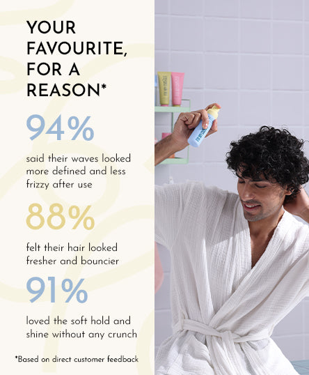 Person applying Ready, Set, Refresh Spray with text on customer feedback in a bathroom setting