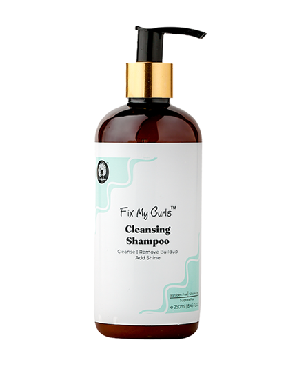 Cleansing Shampoo pump bottle of Fix My Curls on a white background is in the picture