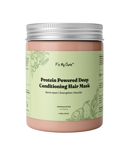 Protein powered deep conditioning hair mask jar with green label on a white background