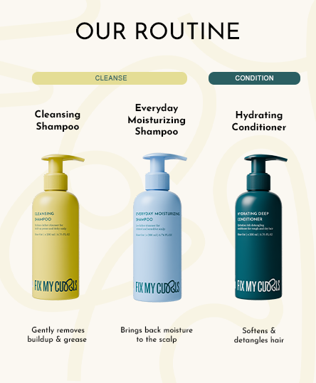 Hair care product lineup with bottles labeled Cleansing Shampoo, Everyday Moisturizing Shampoo, and Hydrating Conditioner