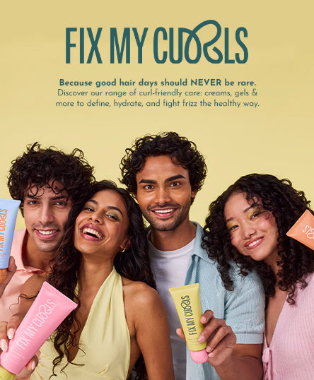An engaging promotional visual where a group of individuals highlight their go-to Fix My Curls products