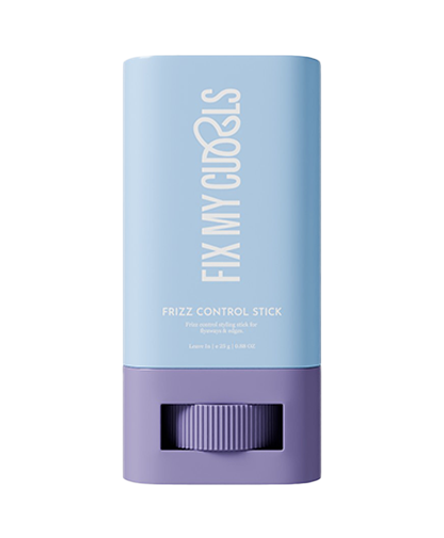 The model showcases the Frizz Control Stick by Fix My Curls against a clean white backdrop