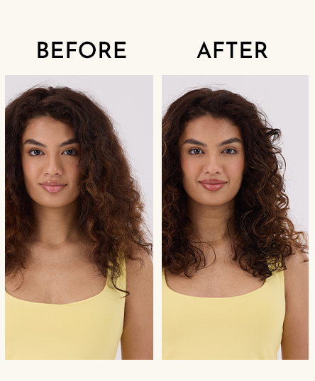 The image contains pictures of model, before and after using Curl Gelly Activator spray