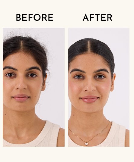 The image highlights the transformation in the model’s hair before and after using the Frizz Control Stick