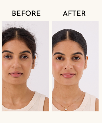 The image highlights the transformation in the model’s hair before and after using the Frizz Control Stick