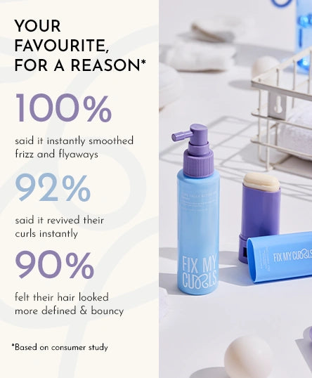 Frizz Control Stick and Curl Gelly Activator Spray Duo from Fix My Curls on a white background, featuring customer feedback text in percentage