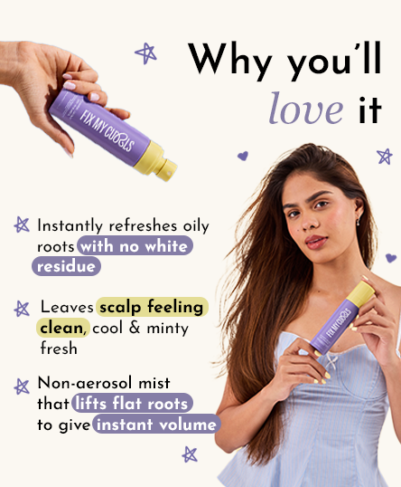 Woman holding Goodbye Grease Dry Shampoo with text highlighting its benefits on a white background