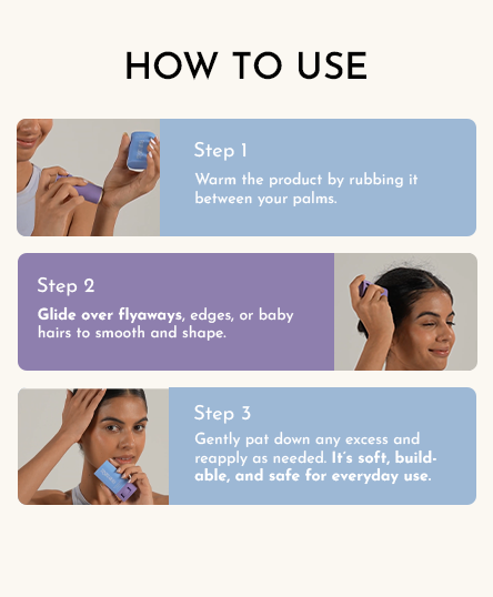 The image illustrates the three-step process of using the Fix My Curls  Frizz Control Stick