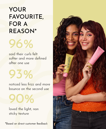 Two women with curly hair are holding Leave in Cream in the image, with customers' feedback 