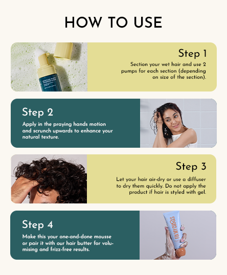Instructions on how to use Weightless Whip Volumizing Mousse
with text and images of a bottle and a woman applying it.