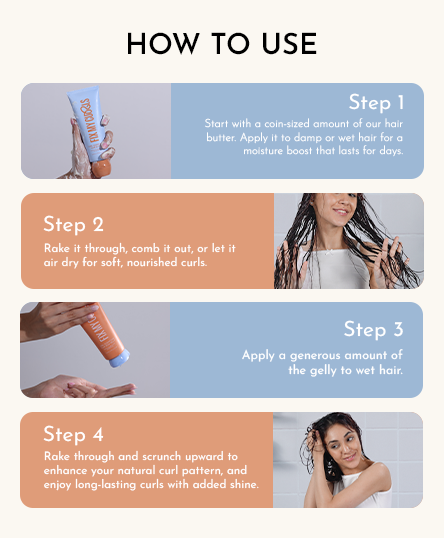 Instructions on how to use Curl Quenching Hair Butter anf Flax Seed Gelly with step-by-step guidance and images of application