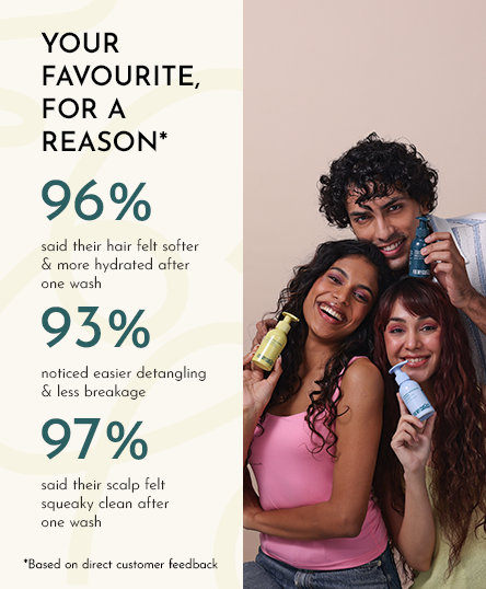 Three persons are holding Wash Day Bundle products with customer feedback statistics 