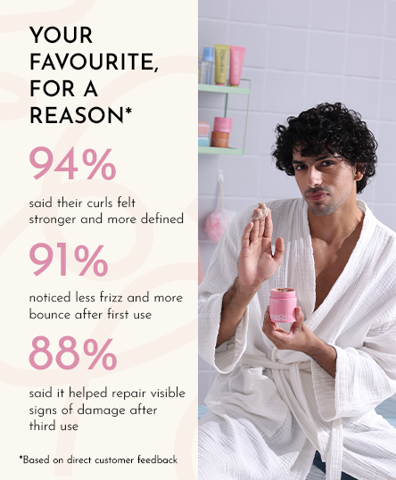 Man in a bathrobe holding Protein Powered Deep Conditioning Hair Mask with product feedback on the left