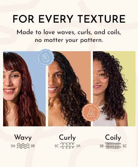 Curly, wavy, and coily textures of hair are highlighted in the picture, aftering using Crystal Aqua Hair Mist