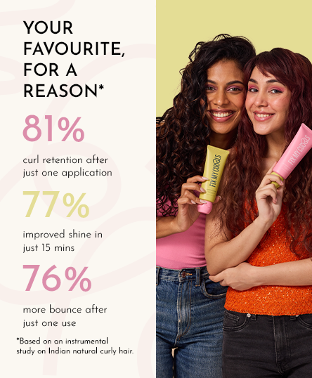 Two women with curly hair are holding hair Protein Styling Duo with percentage of satisfied customers

