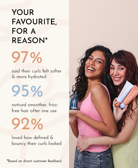 Two women with Moisture Bundle products, with text showing customer feedback on product effectiveness