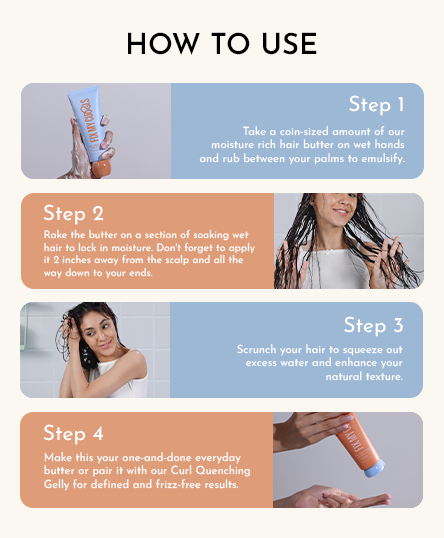 Instructions on how to use Curl Quenching Hair Butter with step-by-step guide and images of application