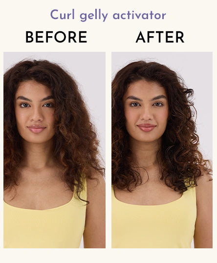 Before and after comparison of a woman's hair with curl gel activator