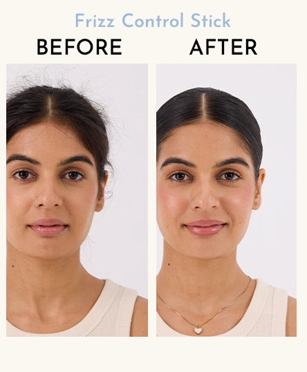 Before and after comparison of a woman using a frizz control stick of Fix My Curls