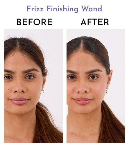 Before and after comparison of a woman's hair with 'Frizz Finishing Wand'.